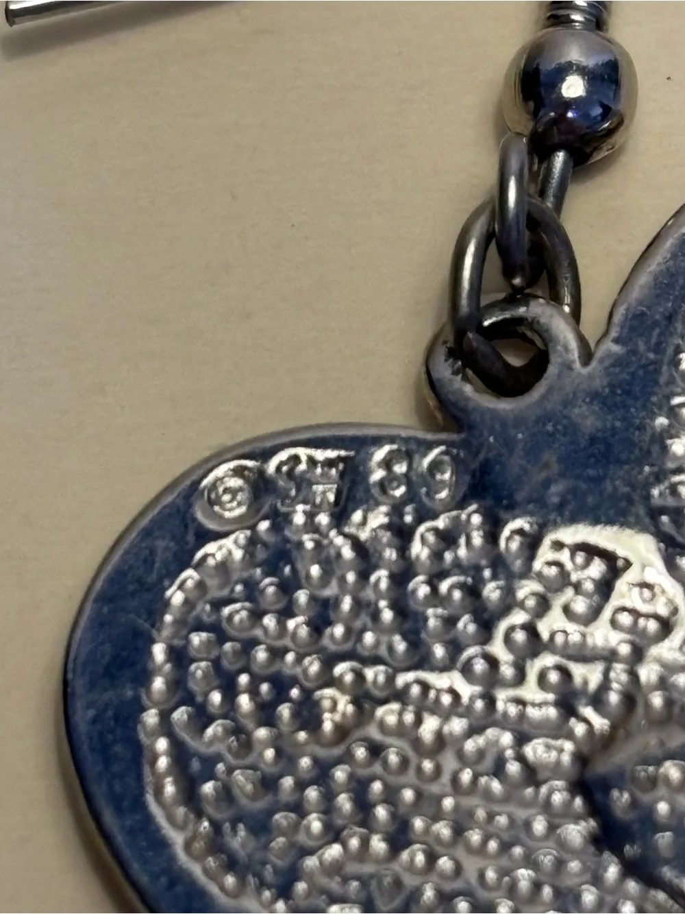 Silver Heart Dangle Earrings with Blue Accent 1-1/8”